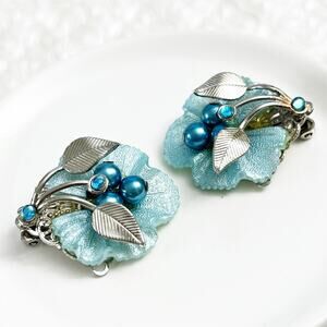 Vintage Blue Shimmer Floral Mid Century Clip Earrings